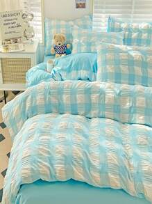 4入組套格子圖案被套1入組被套和1入組床單和2入組枕套現代滌綸家居床上用品套裝 - 藍色 - 查看 1