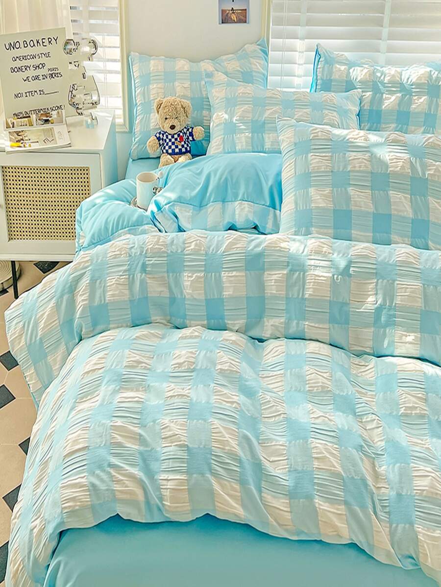 4入組套格子圖案被套1入組被套和1入組床單和2入組枕套現代滌綸家居床上用品套裝 - 藍色 - 查看 1