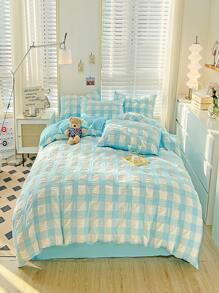 4入組套格子圖案被套1入組被套和1入組床單和2入組枕套現代滌綸家居床上用品套裝 - 藍色 - 查看 3