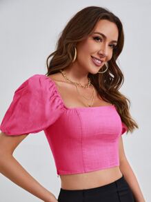 Soleia Square Neck Puff Sleeve Crop Blouse - Pink - View 3
