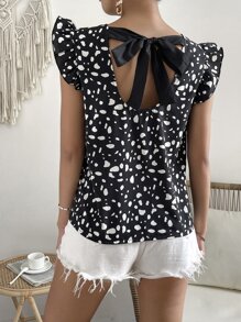 SHEIN Frenchy 滿版印花後綁帶荷葉邊襯衫 - 黑與白 - 查看 3