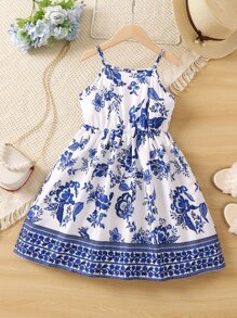 SHEIN Young Girl Blue & White Style Floral Printed Spaghetti Strap Summer Dress,Holiday,Summer,Travel - Blue and White - View 1