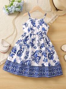 SHEIN Young Girl Blue & White Style Floral Printed Spaghetti Strap Summer Dress,Holiday,Summer,Travel - Blue and White - View 2