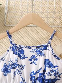 SHEIN Young Girl Blue & White Style Floral Printed Spaghetti Strap Summer Dress,Holiday,Summer,Travel - Blue and White - View 4
