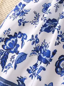 SHEIN Young Girl Blue & White Style Floral Printed Spaghetti Strap Summer Dress,Holiday,Summer,Travel - Blue and White - View 5