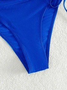 鏤空側抽繩連體泳衣 - 寶藍色 - 查看 4