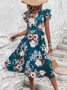 SHEIN Clasi Đầm Thắt lưng Trọn gói Hoa Boho - Màu xanh lam - Xem 1