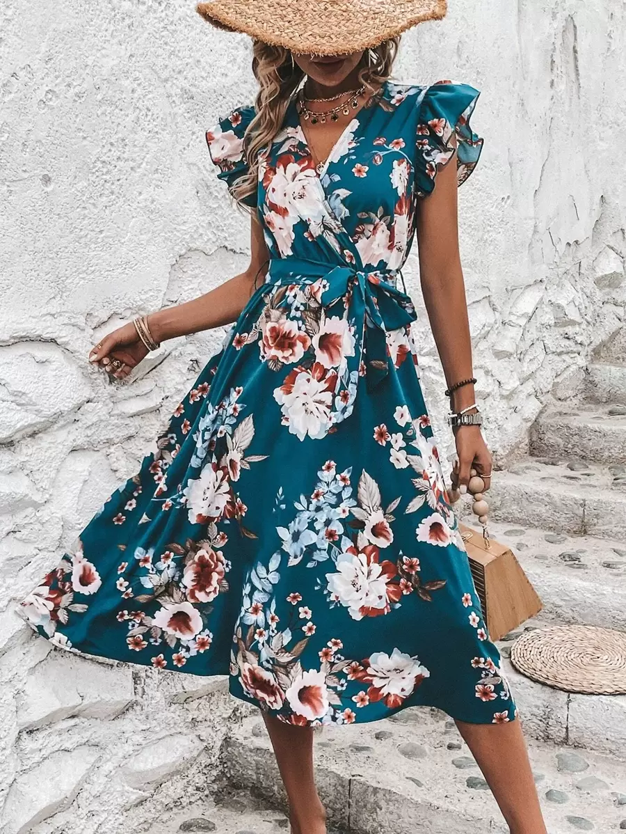 SHEIN Clasi Đầm Thắt lưng Trọn gói Hoa Boho - Màu xanh lam - Xem 1