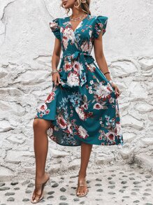 SHEIN Clasi Đầm Thắt lưng Trọn gói Hoa Boho - Màu xanh lam - Xem 3