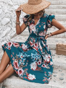 SHEIN Clasi Đầm Thắt lưng Trọn gói Hoa Boho - Màu xanh lam - Xem 4