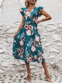 SHEIN Clasi Đầm Thắt lưng Trọn gói Hoa Boho - Màu xanh lam - Xem 5