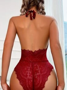 Floral Lace Plunge Teddy Bodysuit - Burgundy - View 2