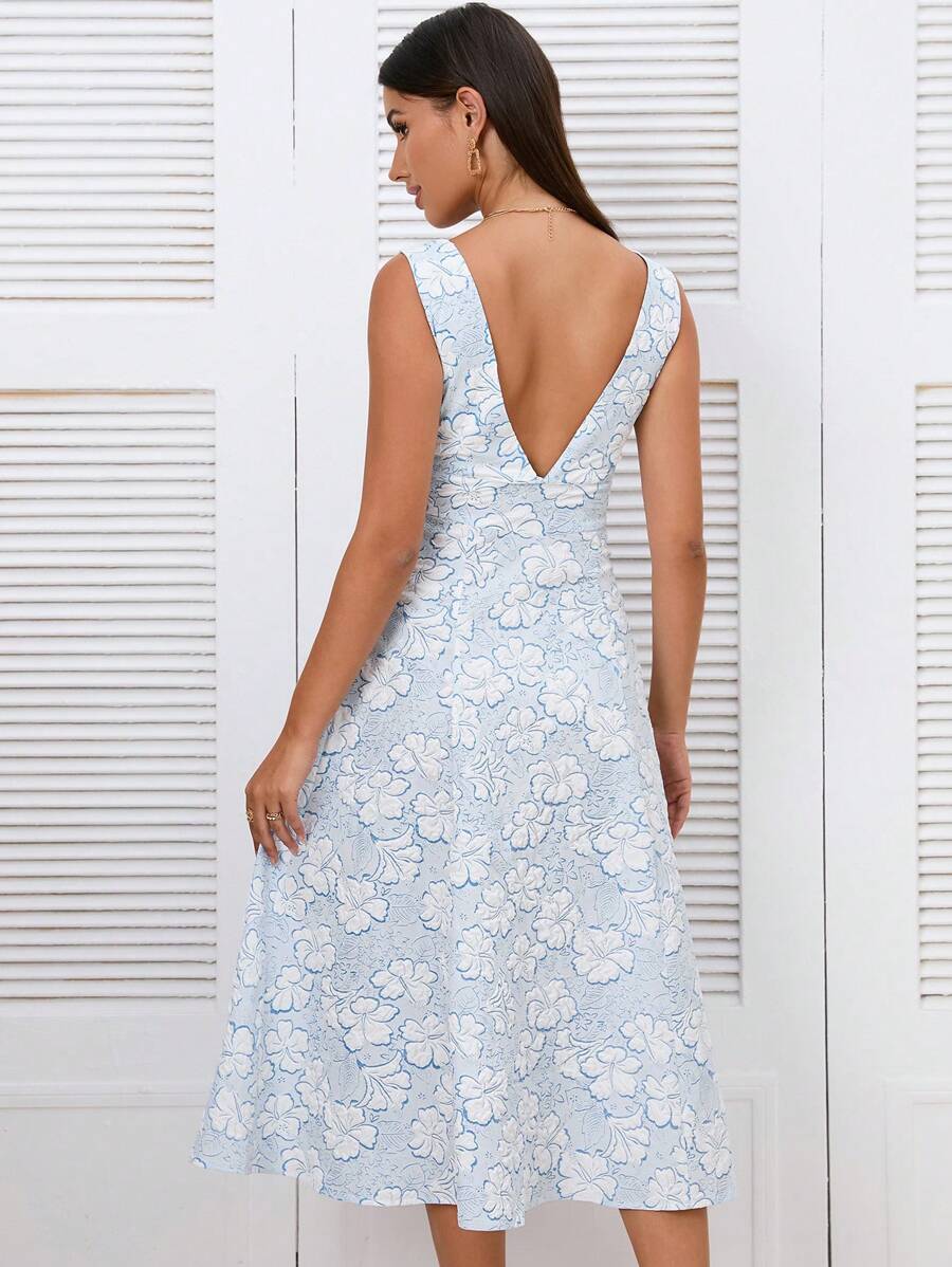 GENKIRA Floral Jacquard V Neck Backless Dress - Baby Blue - View 1