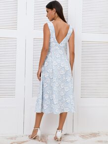 GENKIRA Floral Jacquard V Neck Backless Dress - Baby Blue - View 2