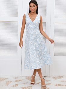GENKIRA Floral Jacquard V Neck Backless Dress - Baby Blue - View 5
