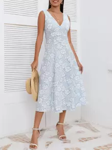 GENKIRA Floral Jacquard V Neck Backless Dress - Baby Blue - View 6