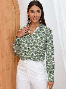 SHEIN LUNE Camisa con estampado floral con botón delantero - Verde - Ver 1