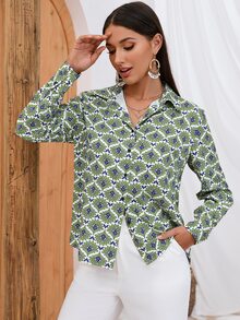 SHEIN LUNE Camisa con estampado floral con botón delantero - Verde - Ver 5