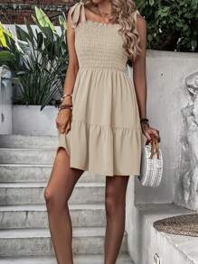 Breezaya Vestido de tirantes de hombros con cordón bajo con fruncido - Caqui - Ver 4