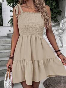 Breezaya Vestido de tirantes de hombros con cordón bajo con fruncido - Caqui - Ver 5