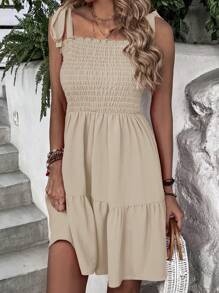 Breezaya Vestido de tirantes de hombros con cordón bajo con fruncido - Caqui - Ver 7