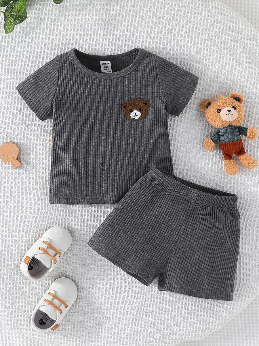 Baby Bear Patched Tee & Shorts - Dark Grey - View 1