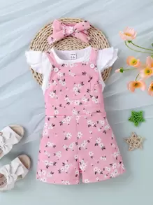 SHEIN قميص رضيع فتاة مزيّن بالكشكش وحفاضة بنطلون طويل بطبعات الزهور وشريط الرأس - وردي فاتح - مشاهدة 1