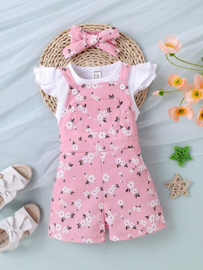 SHEIN Baby Girl Ruffle Trim Tee & Floral Print Overall Romper With Headband