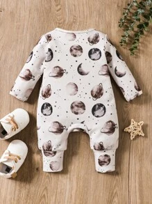 SHEIN Baby Boy Planet Print Zipper Front Sleep Jumpsuit - White - View 2