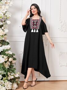 Mulvari 幾何印花挖肩流蘇邊不對稱下擺連衣裙 - 黑色 - 查看 1