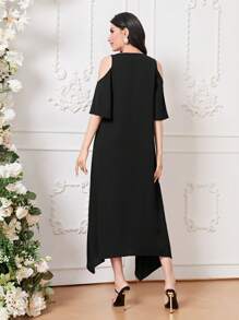 Mulvari 幾何印花挖肩流蘇邊不對稱下擺連衣裙 - 黑色 - 查看 2