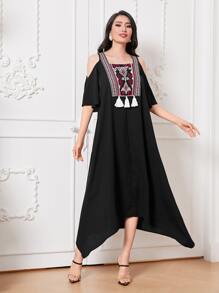 Mulvari 幾何印花挖肩流蘇邊不對稱下擺連衣裙 - 黑色 - 查看 5