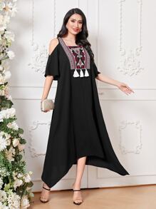 Mulvari 幾何印花挖肩流蘇邊不對稱下擺連衣裙 - 黑色 - 查看 6