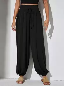 SHEIN VCAY 素色打褶腰上打結蘿蔔褲 - 黑色 - 查看 3