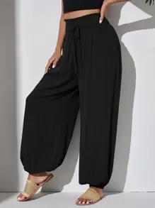 SHEIN VCAY 素色打褶腰上打結蘿蔔褲 - 黑色 - 查看 4