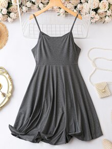 SHEIN LUNE 大碼素色前紐扣吊帶連衣裙 - 深灰色 - 查看 2