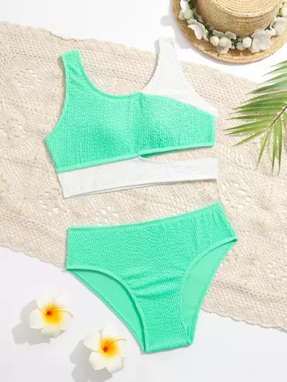 青少年女孩拼色镂空比基尼套装夏季海滩