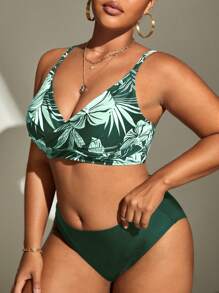 SHEIN Swim Curve Summer Beach Plus Tropical Print Bikini Top - Green - View 3