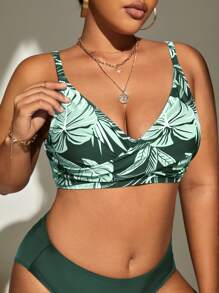 SHEIN Swim Curve Summer Beach Plus Tropical Print Bikini Top - Green - View 4