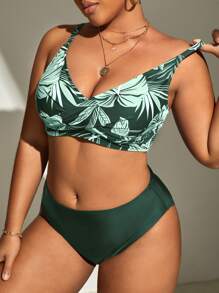 SHEIN Swim Curve Summer Beach Plus Tropical Print Bikini Top - Green - View 6