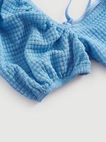 Soleia Top court bleu à encolure carrée, manches bouffantes, laçage et dos nu WYWH Vacation