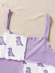 SHEIN 青少年女孩恐龍印花生菜邊背心 - 紫色 - 查看 3