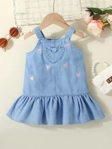 Baby Heart Embroidery Ruffle Hem Denim Cami Dress - Medium Wash - View 1