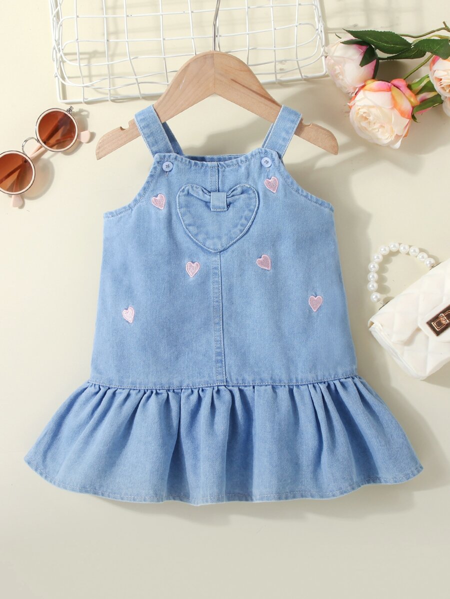 Baby Heart Embroidery Ruffle Hem Denim Cami Dress - Medium Wash - View 1
