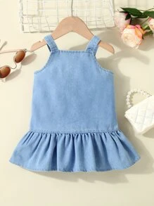 Baby Heart Embroidery Ruffle Hem Denim Cami Dress - Medium Wash - View 2