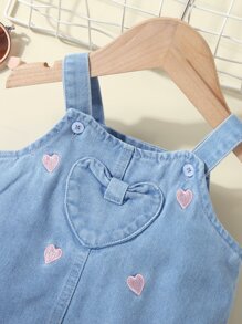 Baby Heart Embroidery Ruffle Hem Denim Cami Dress - Medium Wash - View 3