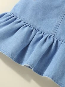 Baby Heart Embroidery Ruffle Hem Denim Cami Dress - Medium Wash - View 4