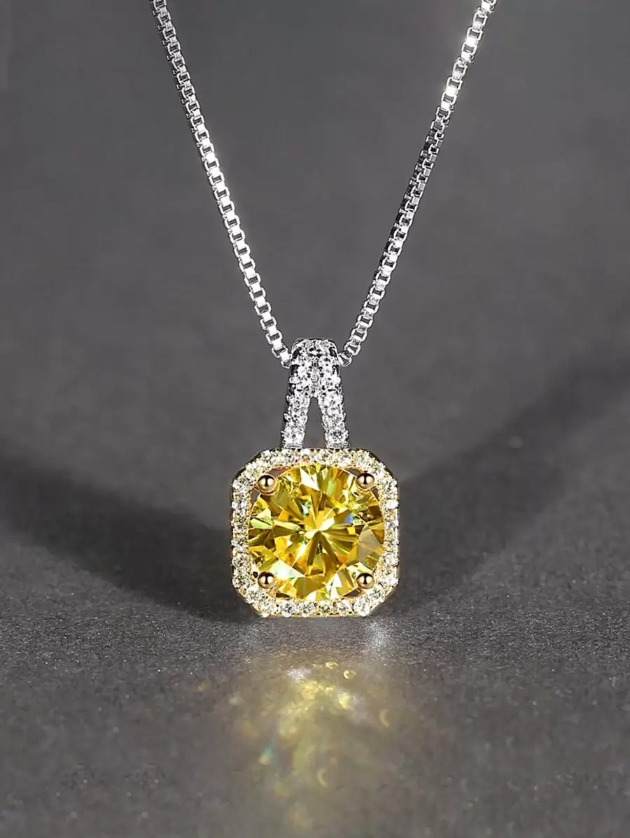 MONALLY 1pc Glamorous Cubic Zirconia Geometric Pendant Necklace For Women For Dating Gift - Yellow - View 1
