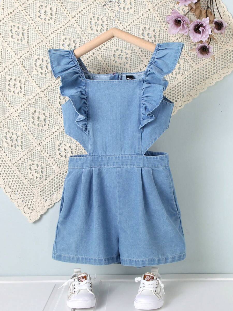 Bé Gái Quần yếm & Áo liền quần Denim Xù màu trơn Dễ thương - Rửa trung bình - Xem 1