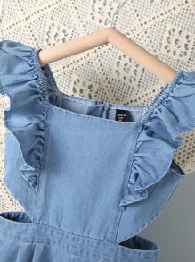 Bé Gái Quần yếm & Áo liền quần Denim Xù màu trơn Dễ thương - Rửa trung bình - Xem 3